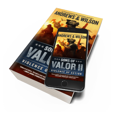 Book Cover of Sons of Valor II: Violence of Action by Andrews and Wilson featuring an operative firing a pistol against the backdrop of attack helicopters and an urban skyline silhouette