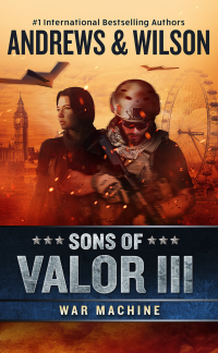 Book Cover of Sons of Valor II: Violence of Action by Andrews and Wilson featuring an operative firing a pistol against the backdrop of attack helicopters and an urban skyline silhouette